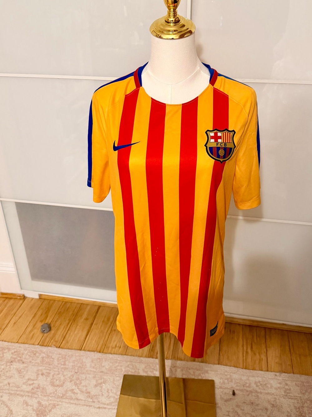 Nike Yellow and Red Striped Barcelona Soccer Jersey with Blue Trim